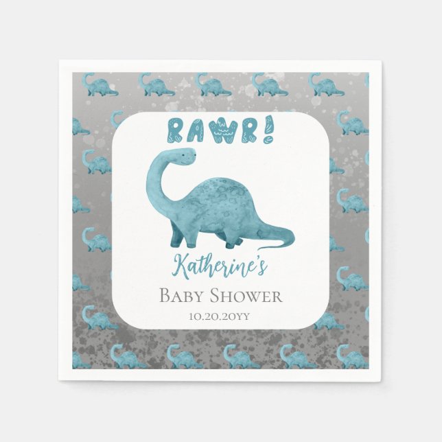 Rawr Teal Blue Dinosaur Boy Shower Pappersservett (Framsidan)