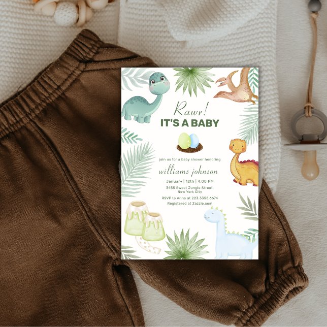 Rawr Vulkan Tropisk Dinosaurie Baby Shower  Inbjudningar (Rawr Volcano Tropical Dinosaur Baby Shower Invitation)