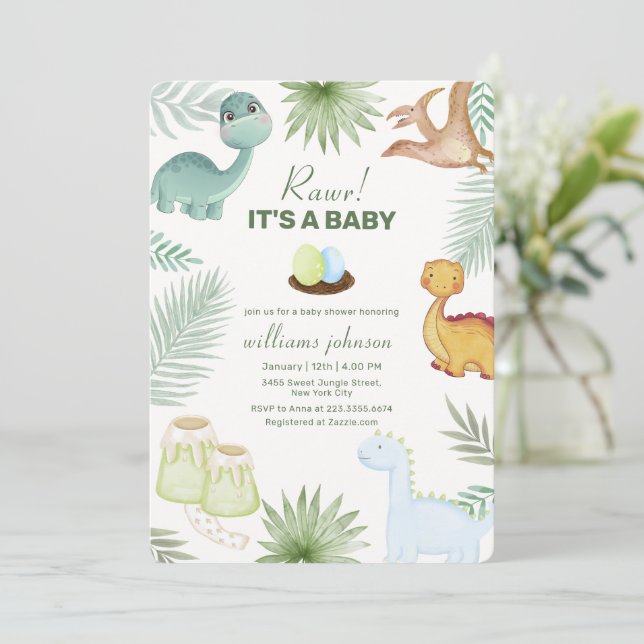 Rawr Vulkan Tropisk Dinosaurie Baby Shower  Inbjudningar (Stående Fram)