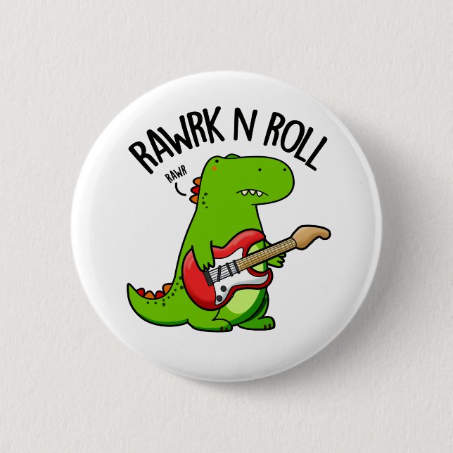 Rawrk och Roll Cute Rocker Dinosaur Pun Knapp (Framsida)