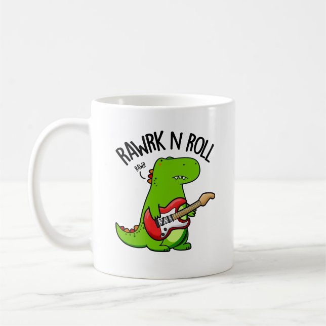 Rawrk och Roll Funny Rocker Dinosaur Pun Kaffemugg (Vänster)