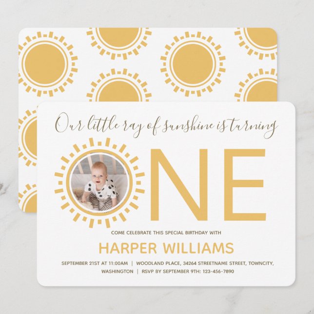 Ray från Sunshine Photo Baby första födelsedag Inbjudningar (Fram/baksida)