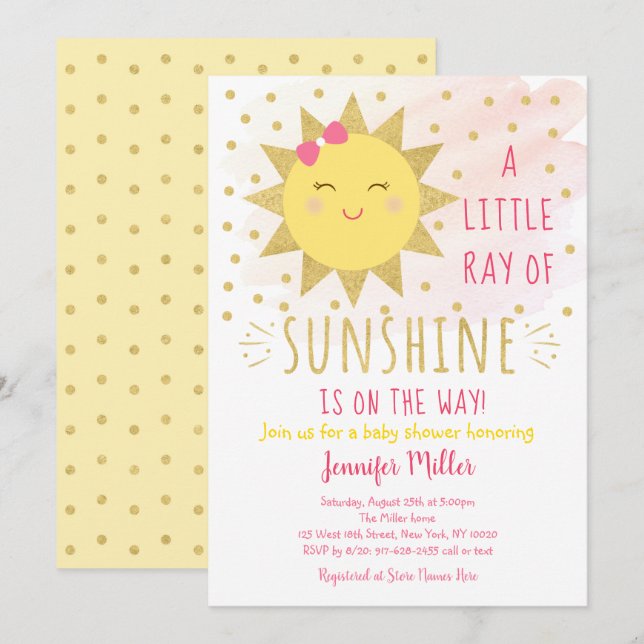 Ray of Sunshine Rosa & Guld Baby Shower Inbjudningar (Fram/baksida)
