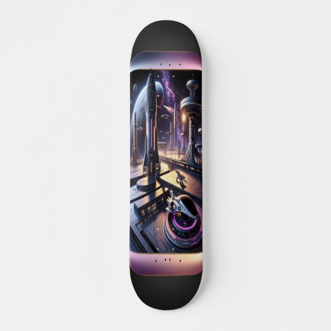 "Raygun Gothic Futuristiska Cityscape Deck" Mini Skateboard Bräda 18,5 Cm (Framsida)