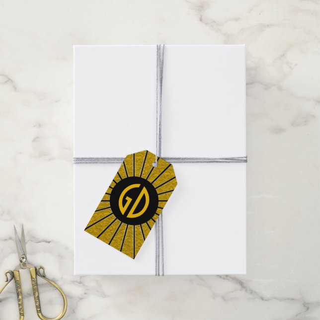 RAYS-KNAPPEN guld + foto, text, Monogram Presentetikett (Med Snöre)