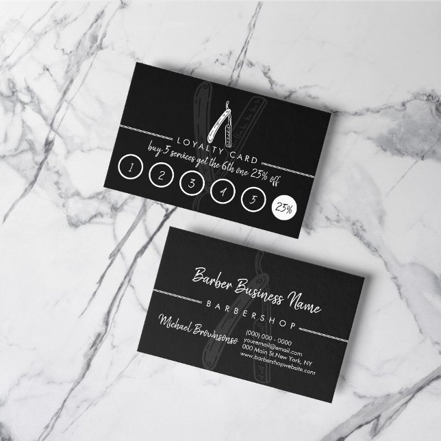 Razor Barber Coiffure Frisör Rabatt Lojalitet Visitkort (Razor Barber Coiffure Hairdresser Discount Loyalty Business Card)