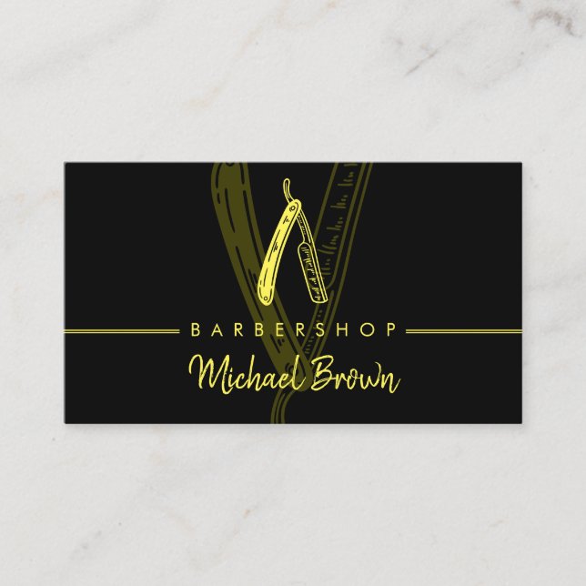 Razor BarberShop Logotyp Svart Gul Visitkort (Framsida)