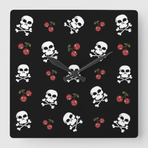 RB Rockabilly Döskallars and Cherries on Black Fyrkantig Klocka