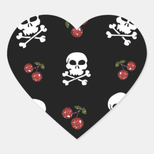 RB Rockabilly Döskallars and Cherries on Black Hjärtformat Klistermärke