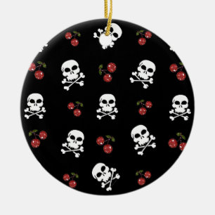 RB Rockabilly Döskallars and Cherries on Black Julgransprydnad Keramik