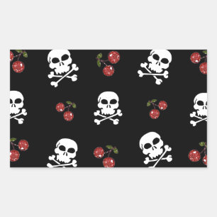 RB Rockabilly Döskallars and Cherries on Black Rektangulärt Klistermärke