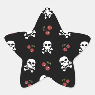 RB Rockabilly Döskallars and Cherries on Black Stjärnformat Klistermärke
