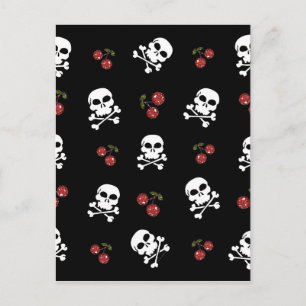 RB Rockabilly Döskallars and Cherries on Black Vykort