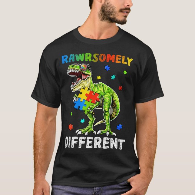 Rd Rawrsomely Different dosinosaur Autism Awarenes T Shirt (Framsida)