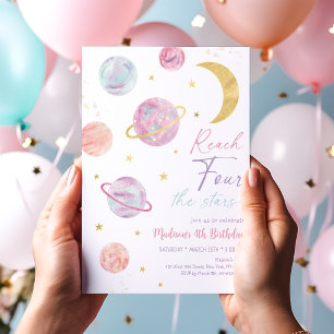 Reach FOUR Rosa Space Birthday Inbjudningar