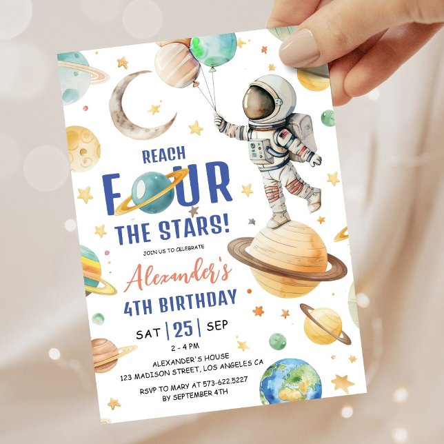 Reach Four, Stars Boy Space 4e födelsedagen Party Inbjudningar (Skapare uppladdad)
