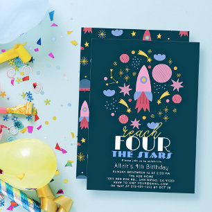Reach FOUR Stars Navy Space Boy Birthday Inbjudningar