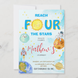 Reach Four: Stars Watercolor Space 4e födelsedagen Inbjudningar