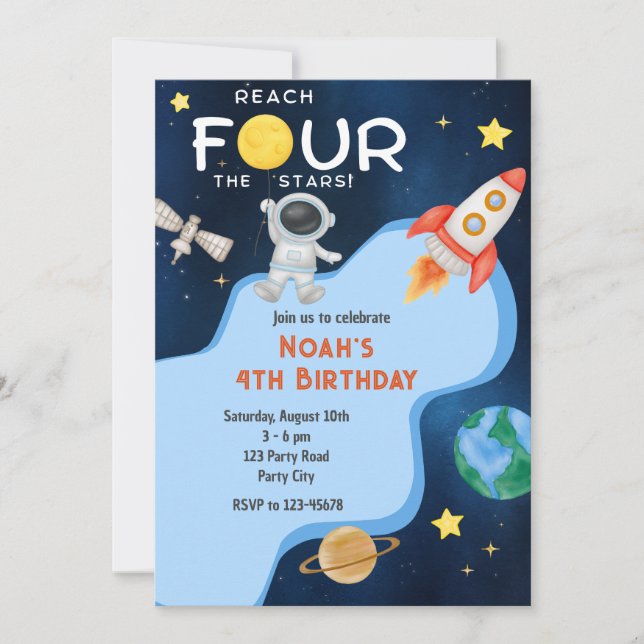 Reach Four The Stars 4th Birthday Invitation Space Inbjudningar (Framsida)