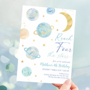 Reach FOUR the Stars Blue Space Birthday Inbjudningar