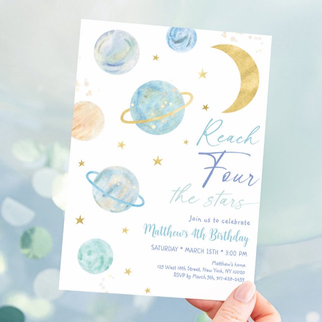 Reach FOUR the Stars Blue Space Birthday Inbjudningar (Skapare uppladdad)