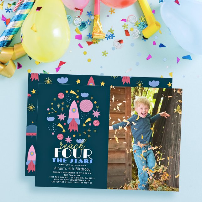Reach FOUR THE Stars Navy Space Foto Birthday Inbjudningar (Skapare uppladdad)