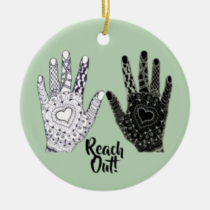 Reach Ut! Hand plockade Heart Händer keramisk pryd Julgransprydnad Keramik