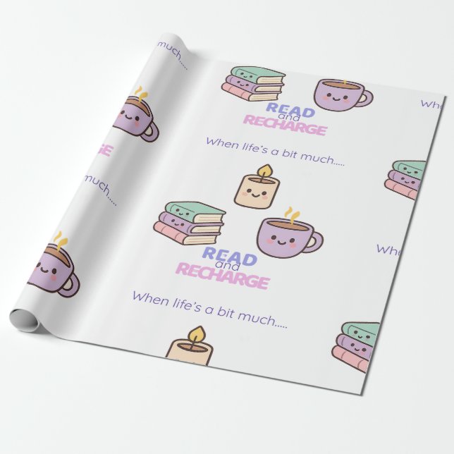 Read And Recharge Wrapping Paper Kawaii Book Lover Presentpapper (Utrullad)