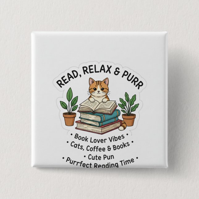 Read Relax & Purr – Cute Cat With Books Sticker |। Knapp (Framsida)
