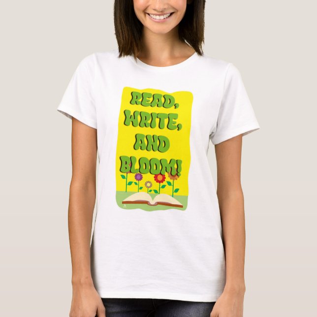 Read Write Bloom Cool Bookworm Slogan T Shirt (Framsida)