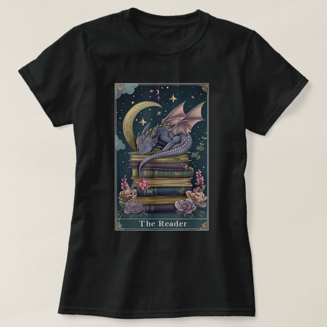 Reader Tarot Card Bok Dragon Fantasy Bookish T Shirt (Design framsida)