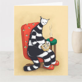 Reading Cat Illustration Cozy Bookworm Aesthetic Kort