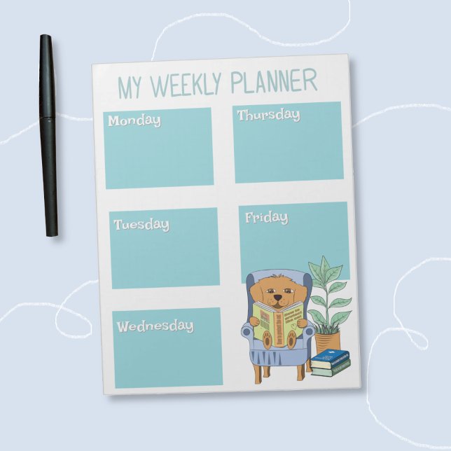 Reading Dog Kid Weekly Planner Notepad Anteckningsblock (Cute kid weekly planner with a reading dog illustration . )