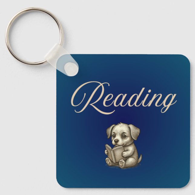 Reading Puppy Book Lover Keychain - Dog reading Nyckelring (Framsida)