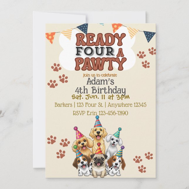 Ready FOUR a Pawty, Dog 4th Birthday Invitation Inbjudningar (Framsida)