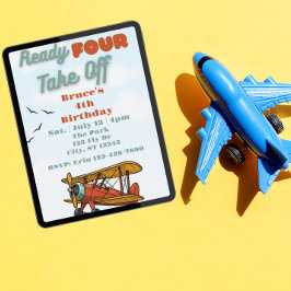 Ready FOUR Take Off, airplane 4th Birthday Inbjudningar