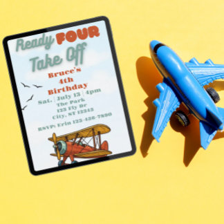 Ready FOUR Take Off, airplane 4th Birthday Inbjudningar