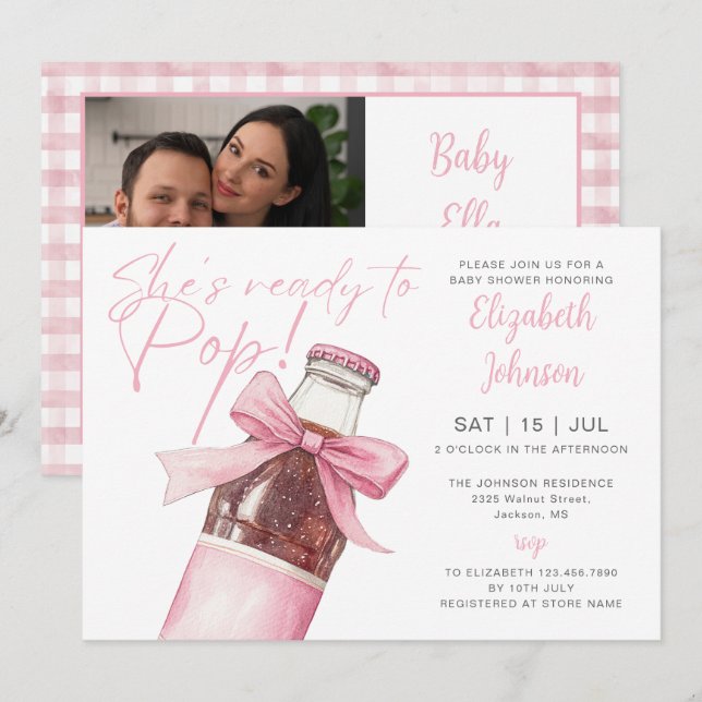 Ready To Pop Pink Soda Bottle Baby Shower Photo Inbjudningar (Fram/baksida)