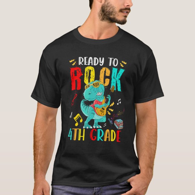 Ready To Rock 4th Grade rex Playing Guitar T Shirt (Framsida)