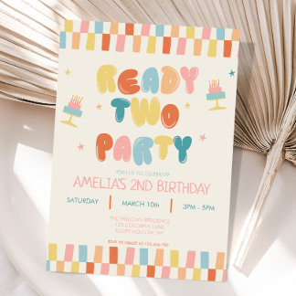 Ready Two Party 2nd Birthday Invitation Colorful Inbjudningar