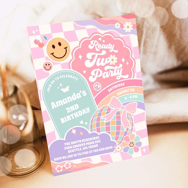 Ready Two Party Groovy Rainbow Disco 2nd Birthday  Inbjudningar (Skapare uppladdad)