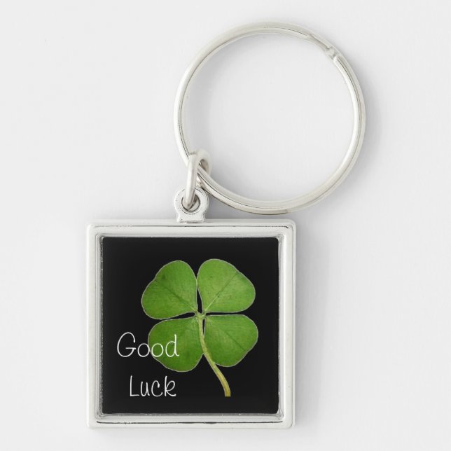 Real 4 Löv Klöver Shamrock Black Fyrkantig Silverfärgad Nyckelring (Framsidan)