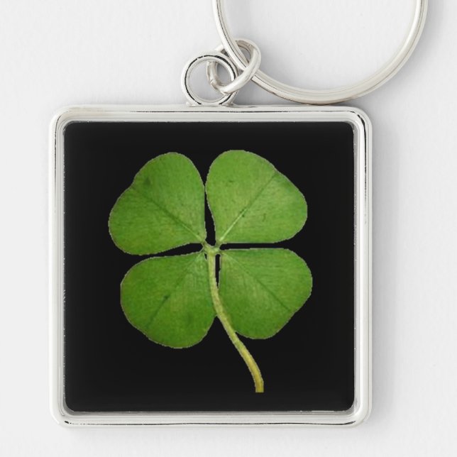 Real 4 Löv Shamrock Black Fyrkantig Silverfärgad Nyckelring (Framsidan)