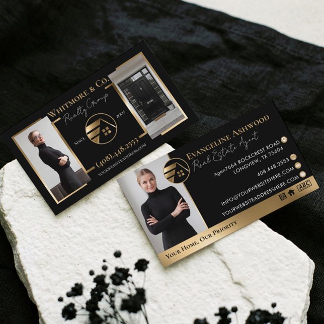 Real Estate Agent Broker Luxury Black Gold Photo Visitkort (Real Estate Agent Broker Luxury Black Gold Photo Business Card)