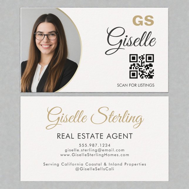 Real Estate Agent Neutral Gold Photo QR Code  Visitkort (Skapare uppladdad)