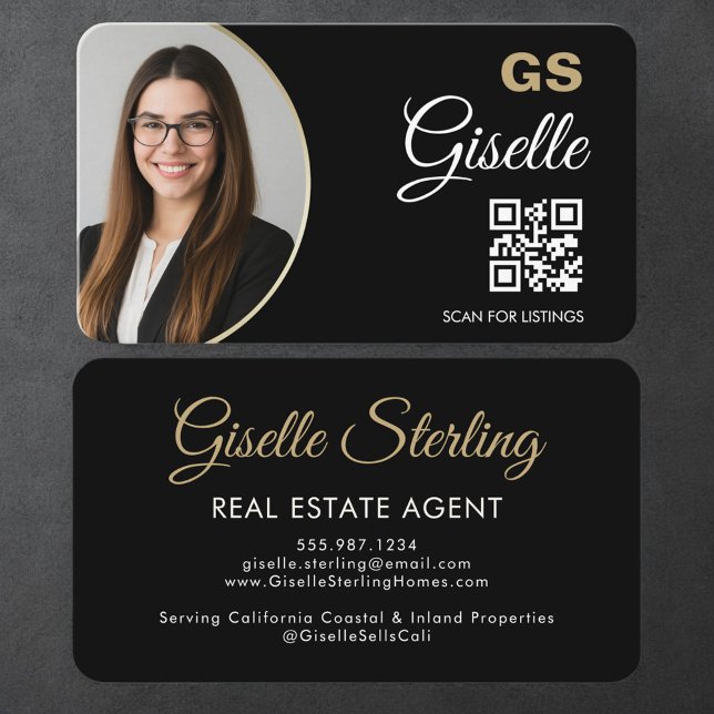 Real Estate Agent QR Code Black Gold Photo  Visitkort (Skapare uppladdad)