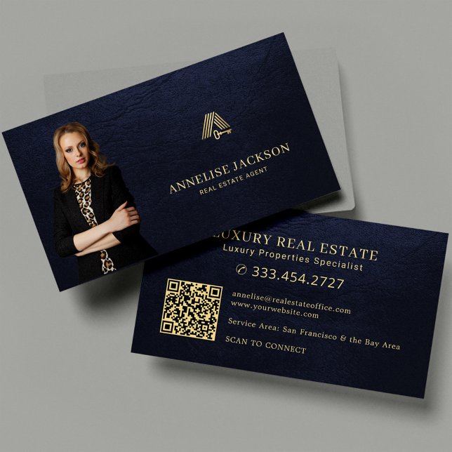 Real estate agent QR code photo luxury navy gold Visitkort (Skapare uppladdad)