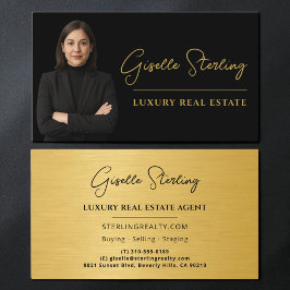 Real Estate Black Gold Script Luxury Metallic Visitkort