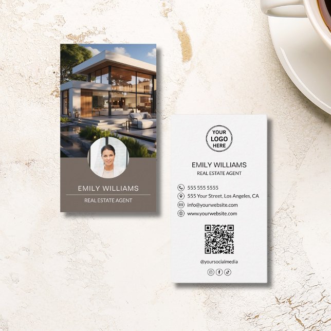 Real Estate Broker Custom Logo Photo QR Code Visitkort (Real Estate Broker Custom Logo Photo QR Code Business Card)