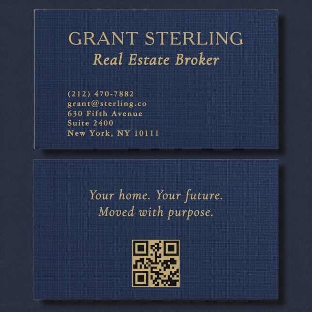 Real Estate Broker Navy Blue Gold Linen QR Code  Visitkort (Skapare uppladdad)